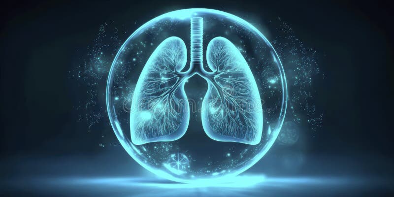Holographic lungs in a glass sphere on a blue background. The medical concept of health protection royalty free stock photography