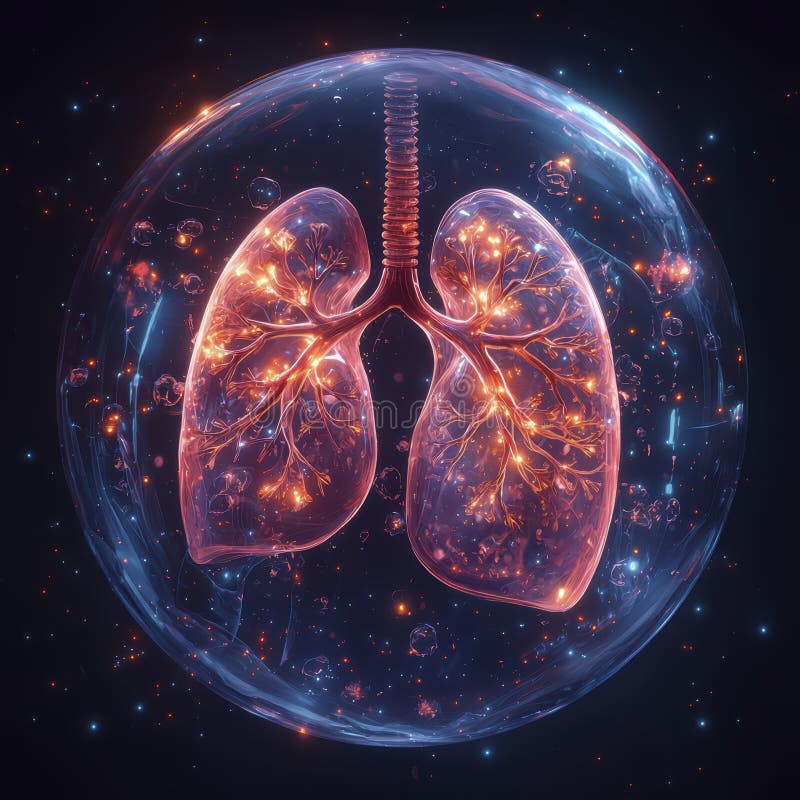 Holographic lungs in a glass sphere on a blue background. The medical concept of health protection royalty free stock photography