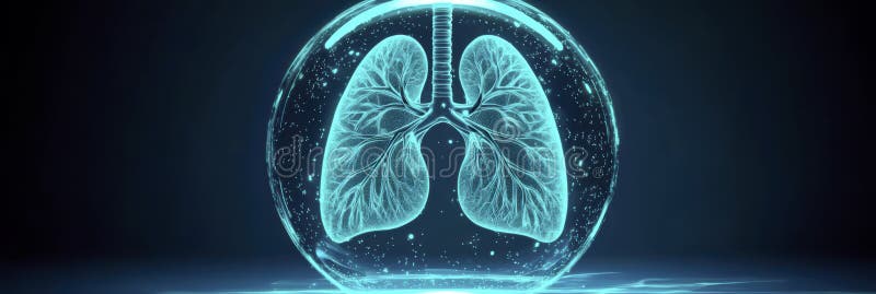 Holographic lungs in a glass sphere on a blue background. The medical concept of health protection stock images