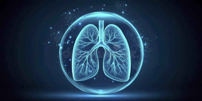 Holographic lungs in a glass sphere on a blue background. The medical concept of health protection royalty free stock photo