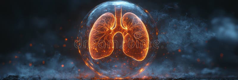 Holographic lungs in a glass sphere on a blue background. The medical concept of health protection royalty free stock photography