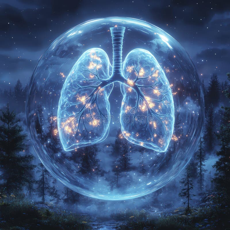 Holographic lungs in a glass sphere on a blue background. The medical concept of health protection royalty free stock images