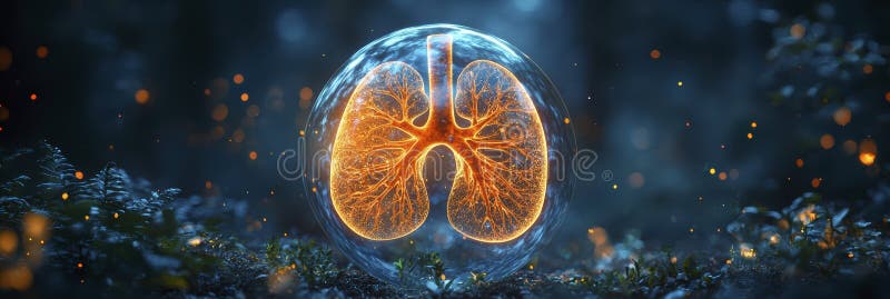 Holographic lungs in a glass sphere on a blue background. The medical concept of health protection stock image