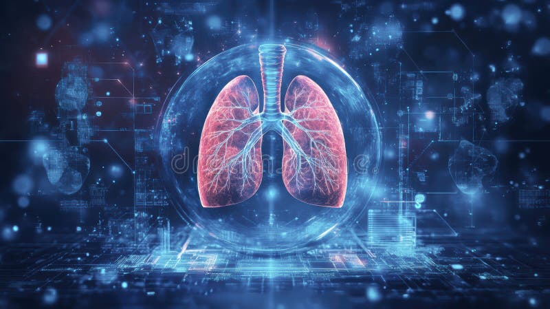 Holographic lungs in a glass sphere on a blue background. The medical concept of health protection stock images