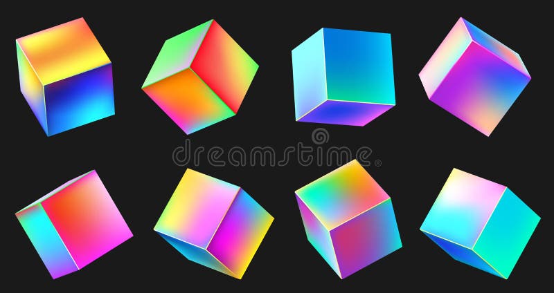 Holographic realistic 3D metal cube set. Neon color geometric element in different positions. Square with gradient vector illustration