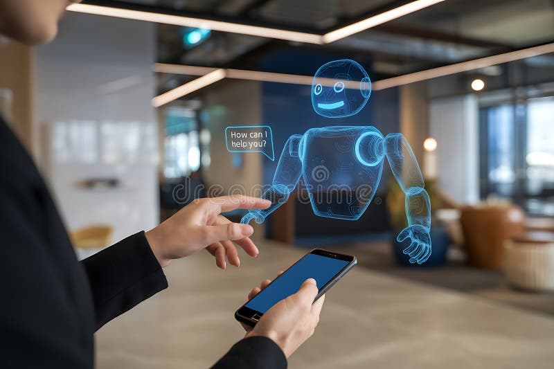 Holographic Robot AI Chatbot Smartphone Interaction Future Tech stock de ilustración