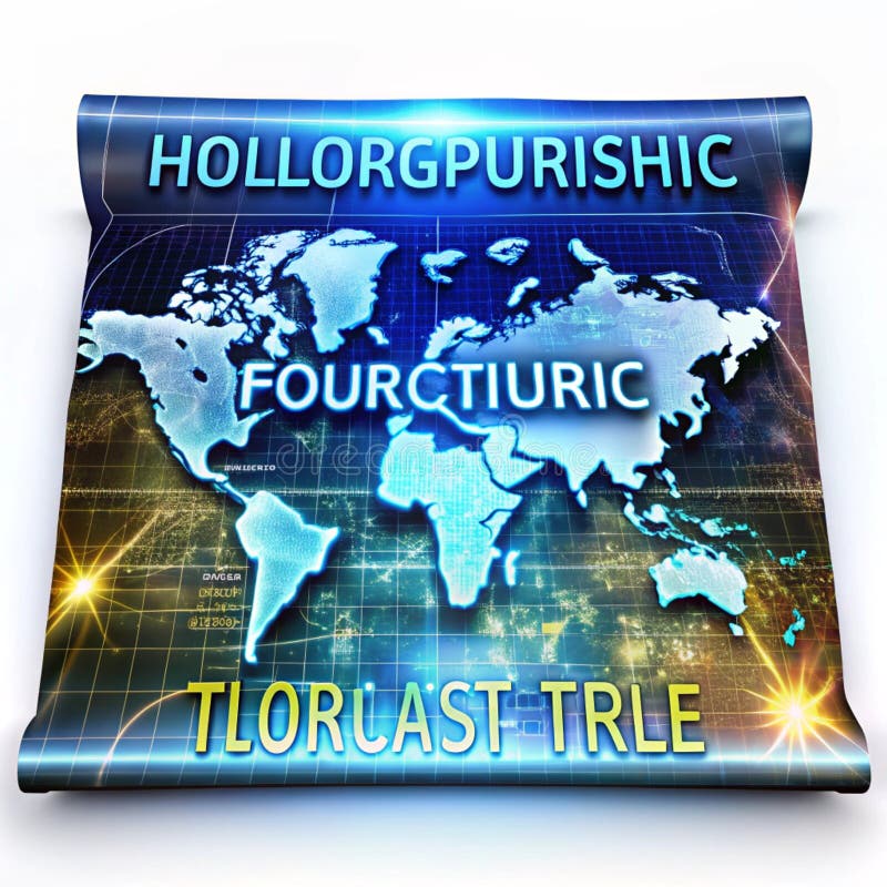 Holographic treasure map leading to a futuristic world royalty free illustration