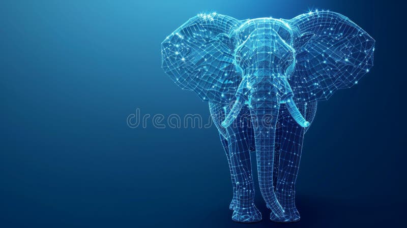 A holographic wireframe elephant glowing in a virtual environment. royalty free stock image