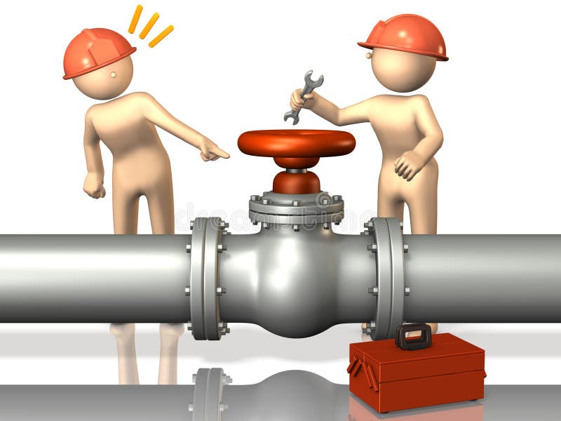 Tow engineers will inspect the valve.This is a computer generated image,on white background. Tow engineers will inspect the valve.This is a computer generated image,on white background.