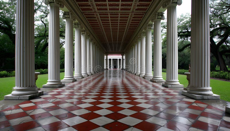 A grand hallway featuring columns and a checkered floor made of composite materials. The symmetry of the flooring creates a landmark within the property AI generated. A grand hallway featuring columns and a checkered floor made of composite materials. The symmetry of the flooring creates a landmark within the property AI generated