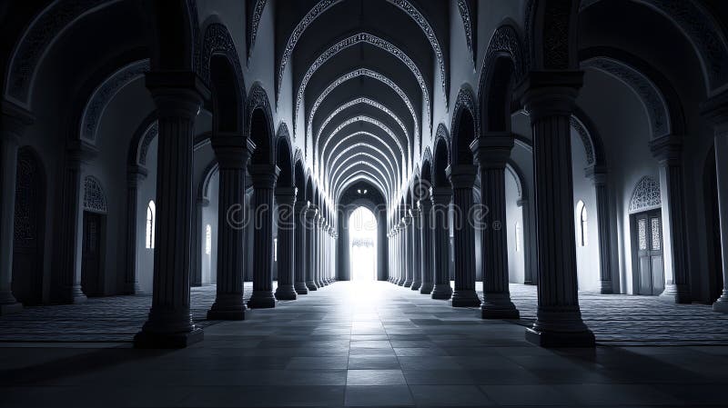 Holul gotic al generației AI Dramatic cu Coloane Ornate și con de afaceri Light Light Arched stock illustration