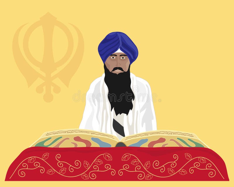 An illustration of a granthi narrator of the sikh faith reading from the holy book sri guru granth sahib ji with mustard background and sikh emblem