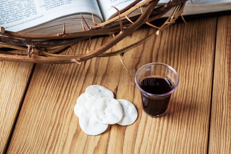 Holy Communion, a Cup of Wine and Bread with a Jesus Crown Thorn and