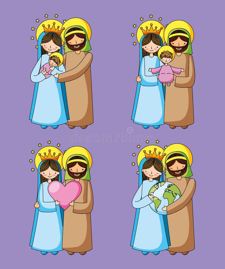 Holy family christian cartoons jesus mary and joseph vector digital illustration image