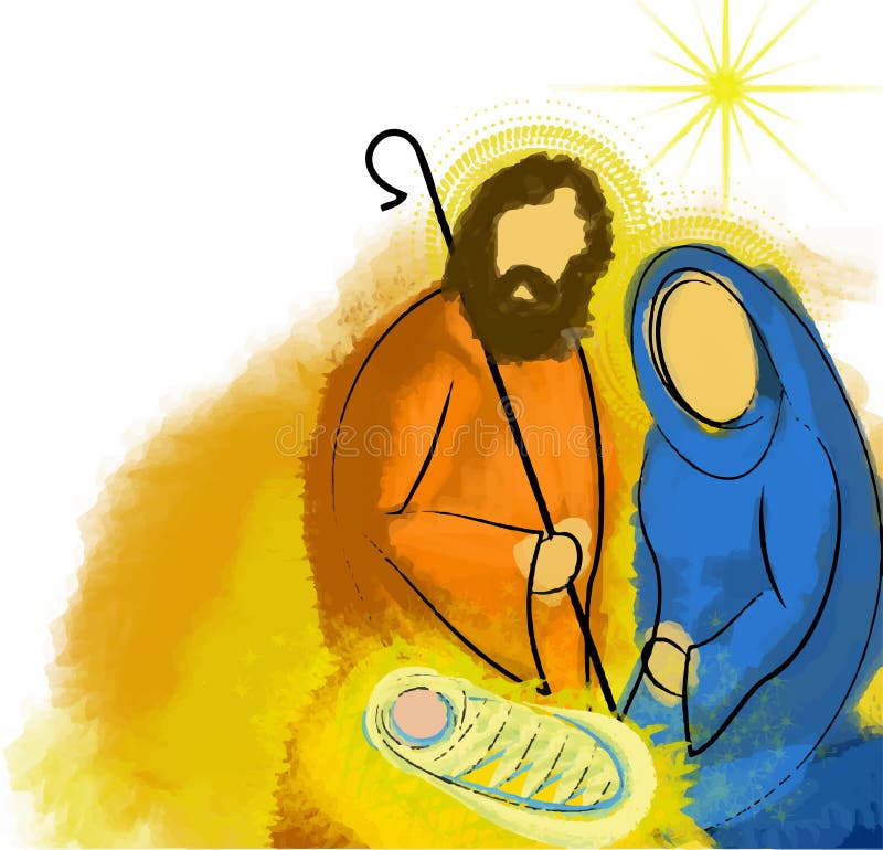 Holy family Christmas nativity abstract watercolor illustration Mary Joseph and Jesus