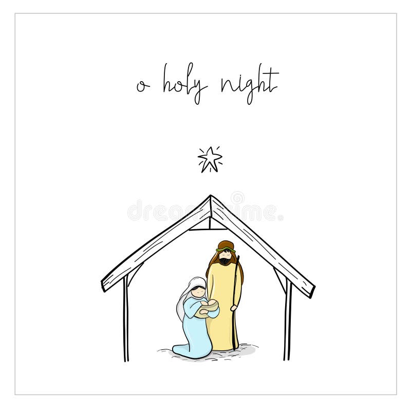 Holy family hand drawn Christmas Card design in square format with a simple and clean layout.
