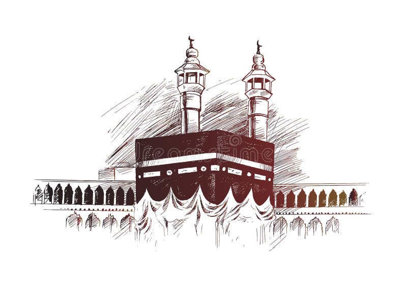 Holy Kaaba in Mecca Saudi Arabia, Hand Drawn Sketch Vector.