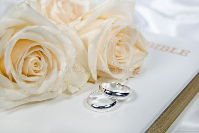 wedding roses and rings on Bible