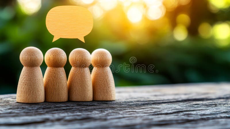 Holzfiguren im Gespräch mit Sprechblase über natürlichen Hintergrund stock abbildung