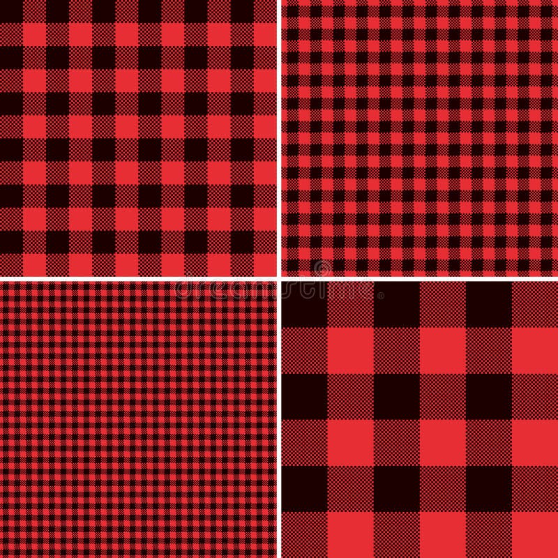 Four seamless vector pattern tiles with Red Black Buffalo Check Plaid and Square Pixel Gingham Patterns. Lumberjack Flannel Shirt Inspired. Trendy Hipster Style Backgrounds. Popular rustic Christmas style decoration pattern. Four seamless vector pattern tiles with Red Black Buffalo Check Plaid and Square Pixel Gingham Patterns. Lumberjack Flannel Shirt Inspired. Trendy Hipster Style Backgrounds. Popular rustic Christmas style decoration pattern.