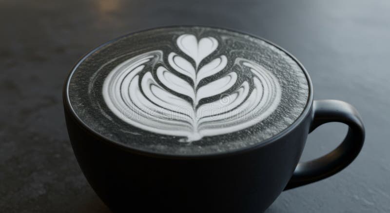 HolzkohleLatte mit kunstvoller Schaumkunst in dunkelgrauer Umarmung lizenzfreie abbildung