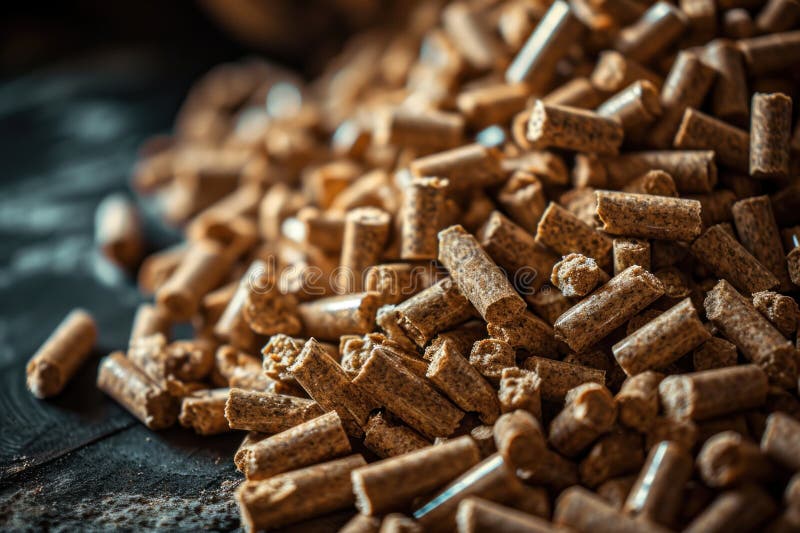 Holzpalette mit einem Berg aus Pelletbrennstoff aus Biomasse lizenzfreie abbildung