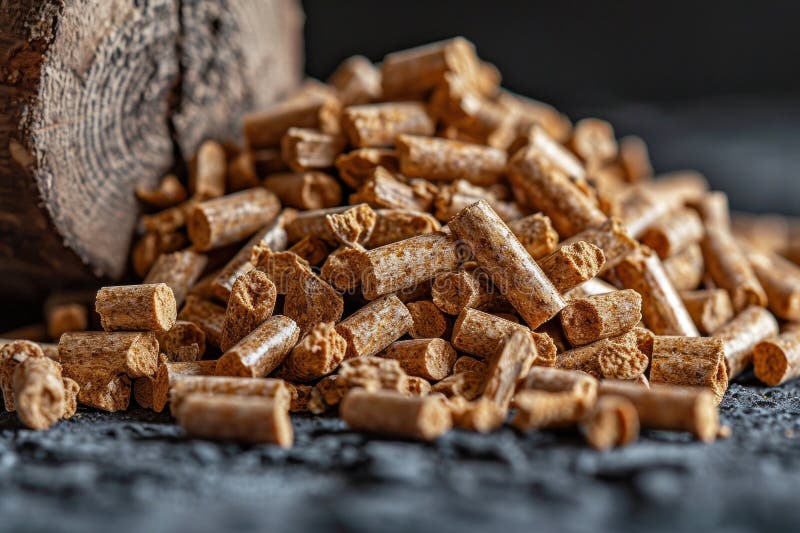 Holzpalette mit einem Berg aus Pelletbrennstoff aus Biomasse stock abbildung