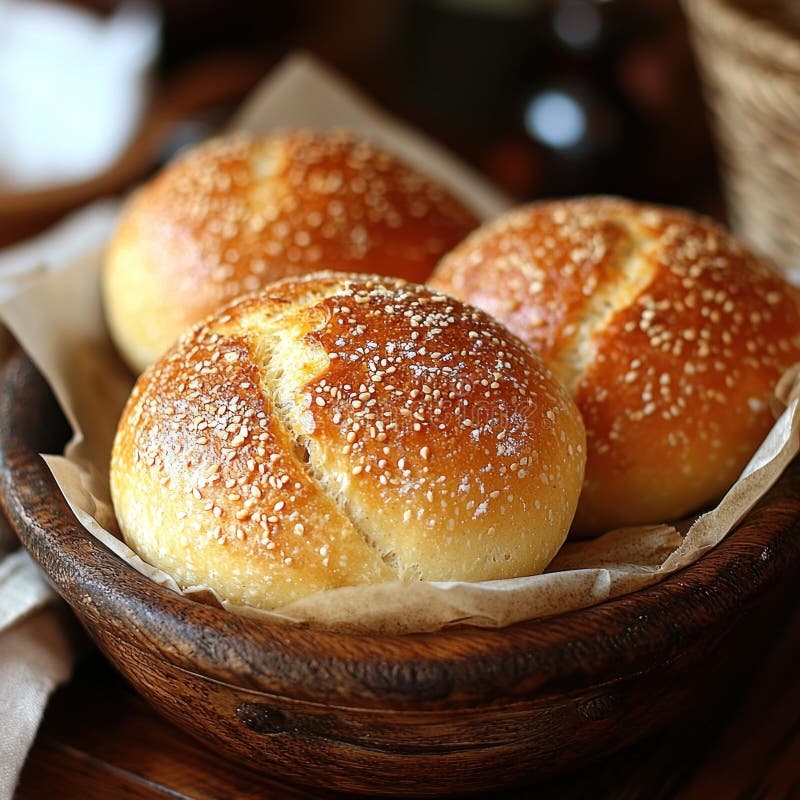 Holzplatte mit runden köstlichen, frisch gebackenen Brötchen mit goldener Kruste und Sesamsamen lizenzfreie abbildung