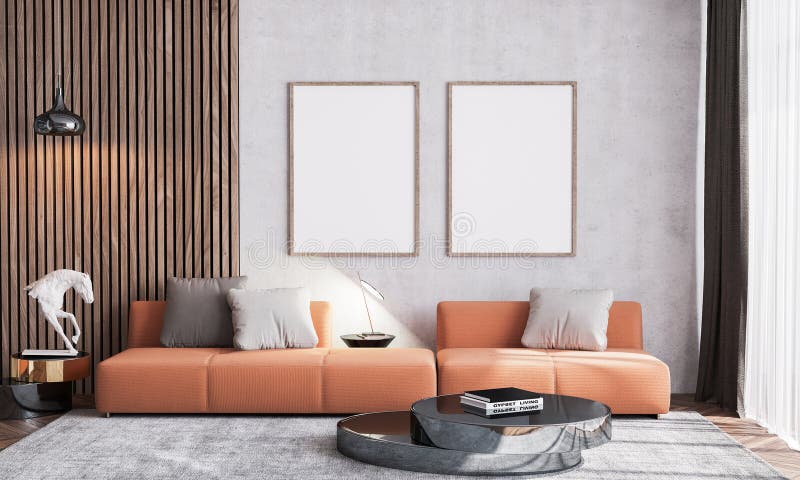 Holzrahmenspott oben der skandinavischen Inneneinrichtung. Orange Sofa in beige Hintergrundbild der Wohnbereichweinlese stock abbildung