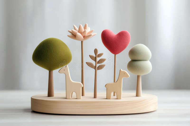Holzspielzeug aus Holz mit Blüten und Herzformen in sanften Pastellfarben, auf einem runden Sockel angeordnet für stockbilder
