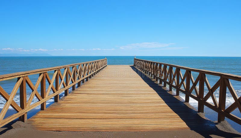 Holzsteg zu ruhiger malerischer Aussicht auf das Meer an einem sonnigen Tag idyllischer tropischer Fahrt stock abbildung