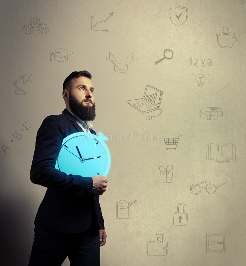 Bearded man in a business suit is holding a clock icon in his hands. Background with hand-drawn illustrations on a business theme. Concept of time management. Bearded man in a business suit is holding a clock icon in his hands. Background with hand-drawn illustrations on a business theme. Concept of time management.