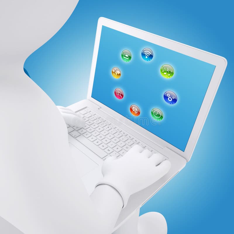 hombre blanco 3d que se sienta con un ordenador portátil ilustración del vector hombre blanco 3d que se sienta con un ordenador portátil ilustración del vector