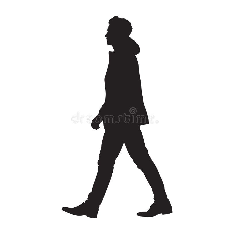Hombre caminando hacia adelante, silueta vectorial aislada, vista lateral