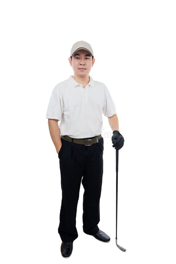 Hombre chino asiático sonriente que presenta con el club de golf fotografía de archivo libre de regalías Hombre chino asiático sonriente que presenta con el club de golf fotografía de archivo libre de regalías