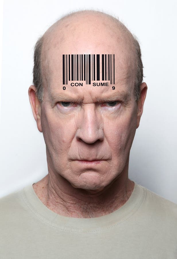 Angry consumer with a bar code on his forehead. Angry consumer with a bar code on his forehead