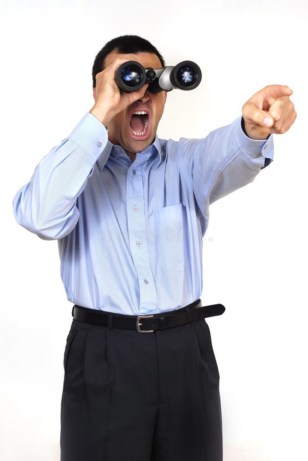 Screaming man with binoculars in the hand on the white background. Screaming man with binoculars in the hand on the white background