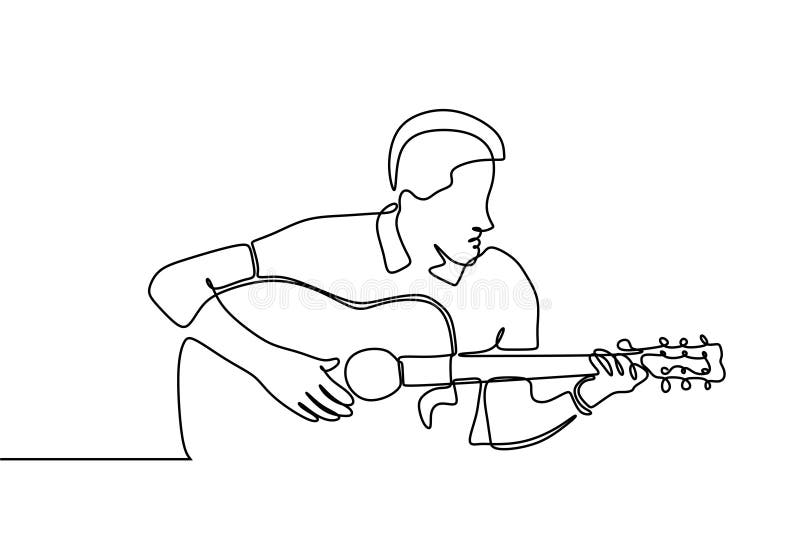 Hombre con minimalismo continuo acústico del dibujo lineal de la guitarra libre illustration