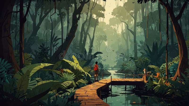 Hombre con mochila caminando por un camino de madera sobre el agua en una selva densa durante el amanecer stock de ilustración