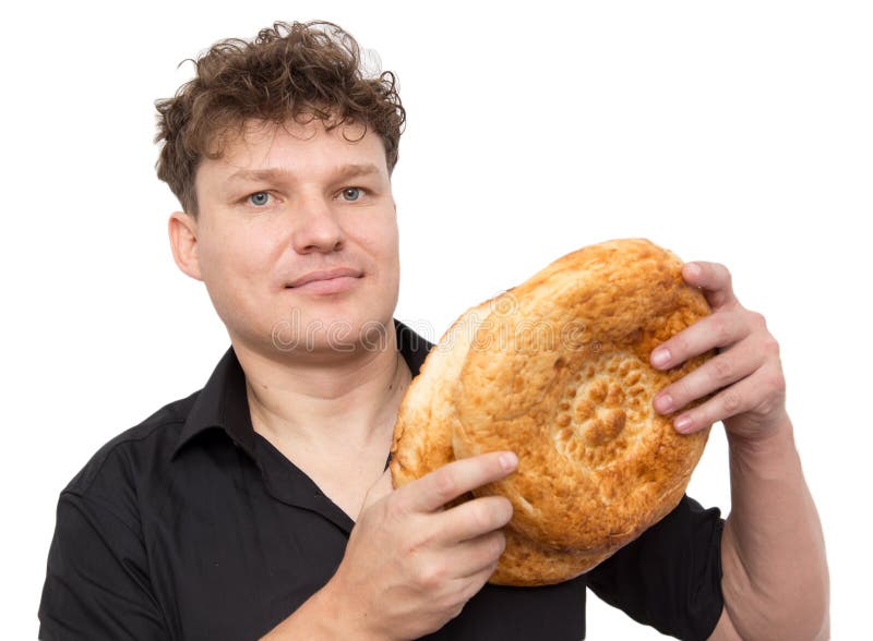 Hombre Con Pan En Un Fondo Blanco Foto de archivo Imagen de receta