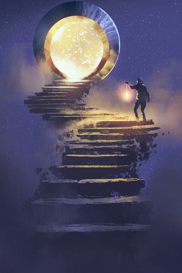 Hombre con una linterna que camina en la escalera de piedra que lleva a la puerta de la fantasía