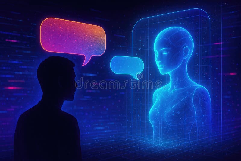 Hombre conversando con una mujer holográfica ai ilustración del vector