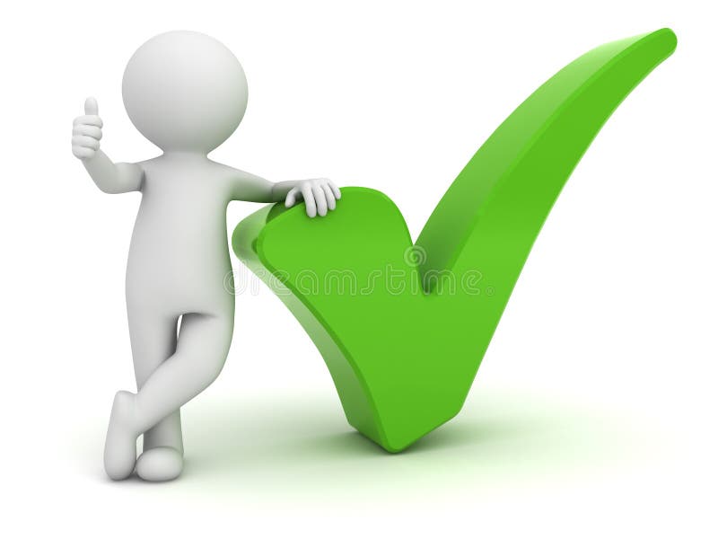 3d man showing thumbs up with green check mark over white background. 3d man showing thumbs up with green check mark over white background