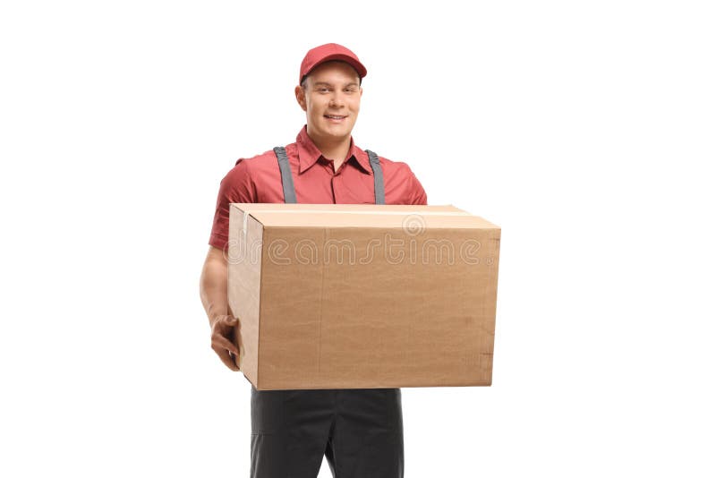 Hombre de entrega que sostiene una caja de cart?n imagenes de archivo Hombre de entrega que sostiene una caja de cart?n imagenes de archivo