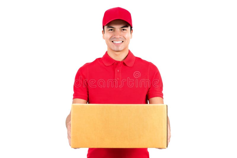 Hombre de entrega sonriente que lleva una caja del paquete imágenes de archivo libres de regalías Hombre de entrega sonriente que lleva una caja del paquete imágenes de archivo libres de regalías