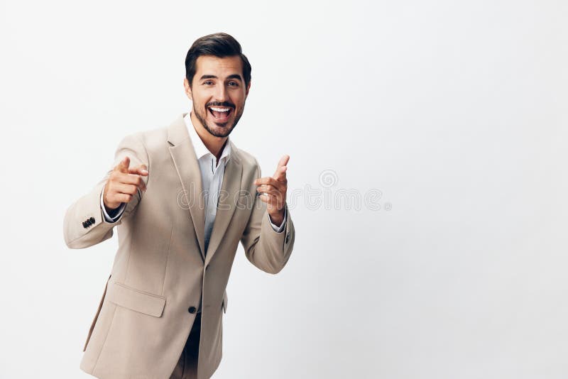 Hombre de fondo sonriente empresario traje de negocios feliz retrato de espacio de copias beige trabajo apuesto foto de archivo