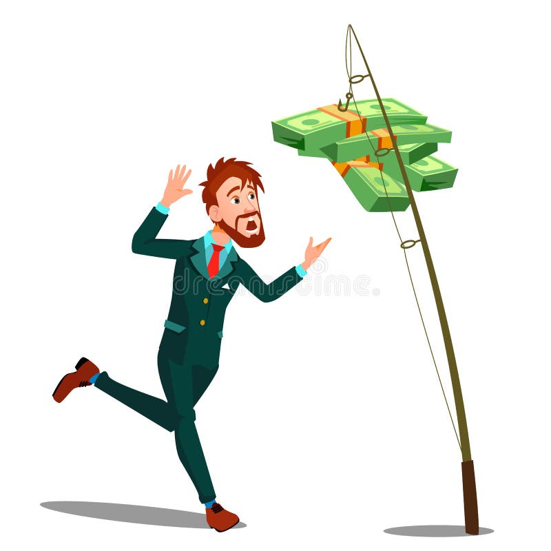 Hombre de negocios Catching Money Hanging en el gancho de pescar a Rod Vector Ilustración aislada ilustración del vector Hombre de negocios Catching Money Hanging en el gancho de pescar a Rod Vector Ilustración aislada ilustración del vector
