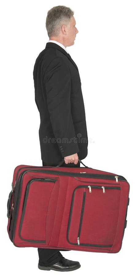 Hombre de negocios con la maleta roja grande, viaje imagenes de archivo Hombre de negocios con la maleta roja grande, viaje imagenes de archivo