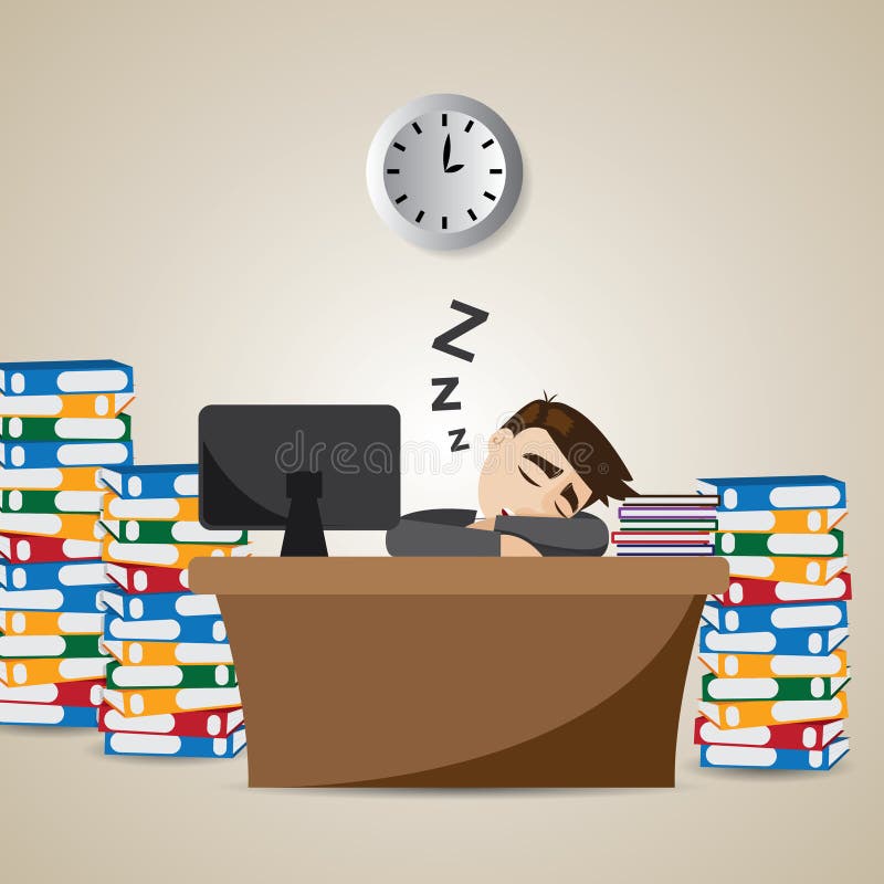 Hombre de negocios de la historieta que duerme en la hora laborable ilustración del vector Hombre de negocios de la historieta que duerme en la hora laborable ilustración del vector