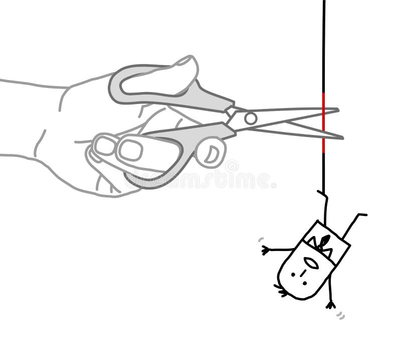 Hombre de negocios de la mano grande y de la historieta - cortar la cuerda ilustración del vector Hombre de negocios de la mano grande y de la historieta - cortar la cuerda ilustración del vector